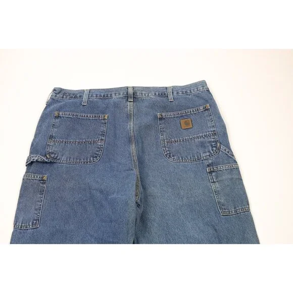 Vintage Carhartt Mens 40x30 Faded Spell Out Wide Leg Dungaree Denim Jeans Blue